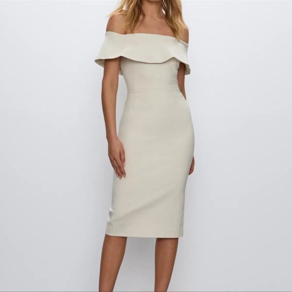 Aritzia Off-Shoulder Cream Midi Sheath Dress